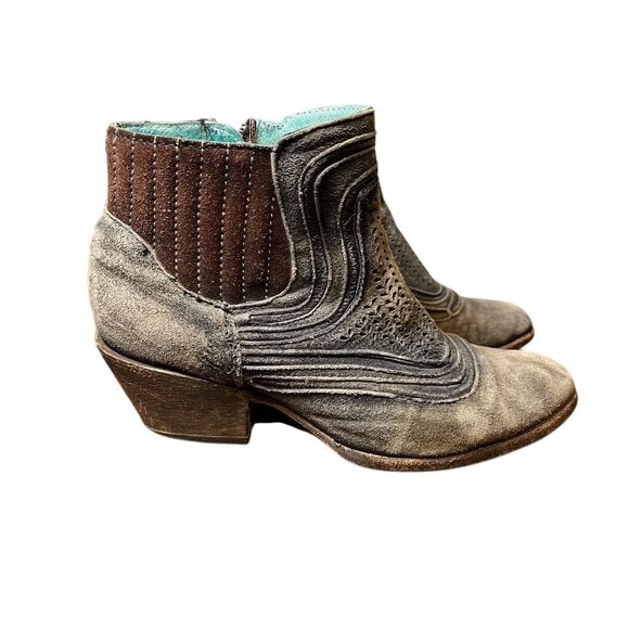 Corral Suede Leather Ankle Boot Grey 8.5 Heel Etching Western Country Cowgirl - Picture 1 of 15